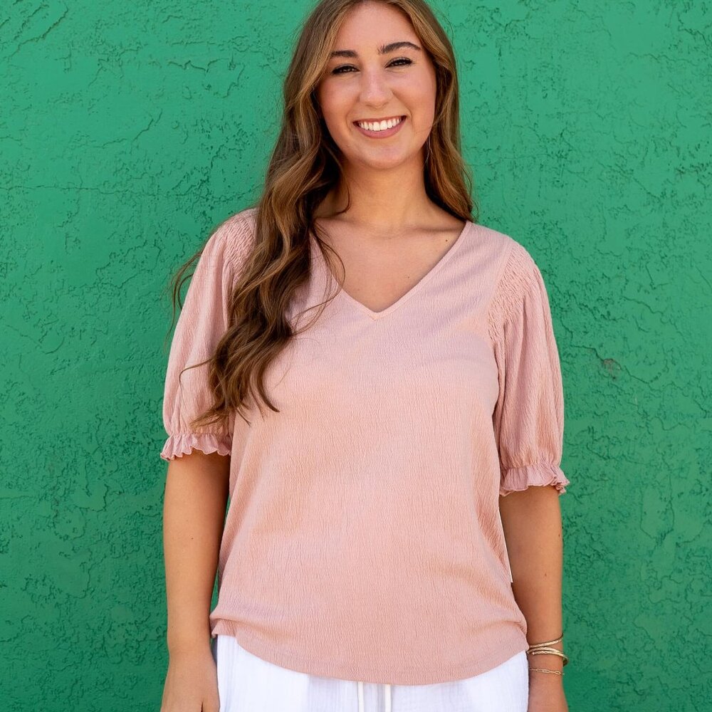 NWT - Another Love Roz Smocked Shoulder Short Sleeve Top in Rose Quartz